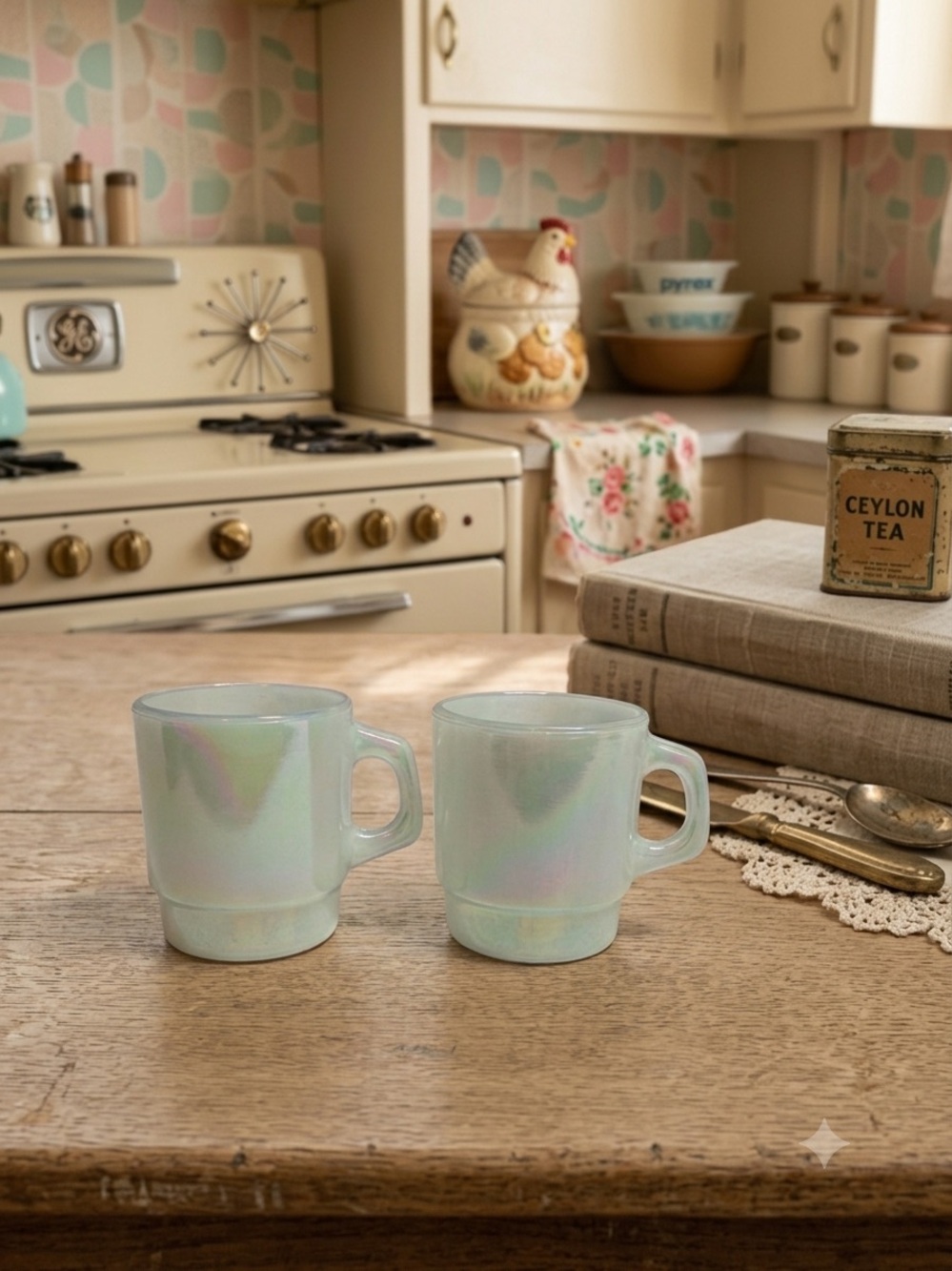 Vintage Fire-King Lustre Pearl Iridescent Stackable Mugs- Set of 2